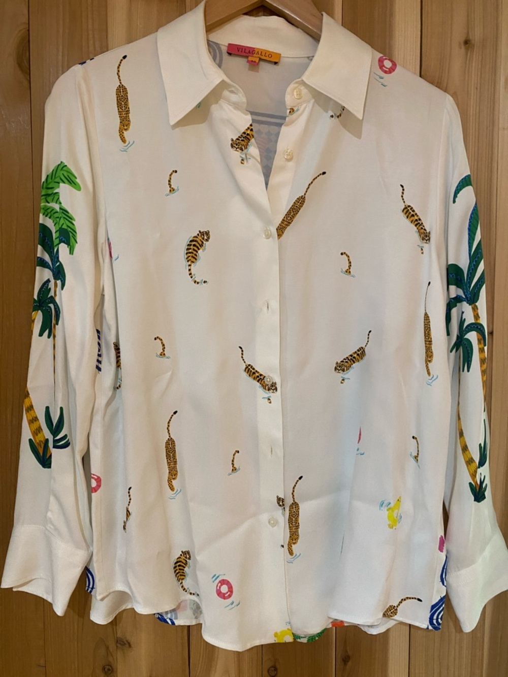 Vilagallo White Tiger-Print Button-Down Blouse